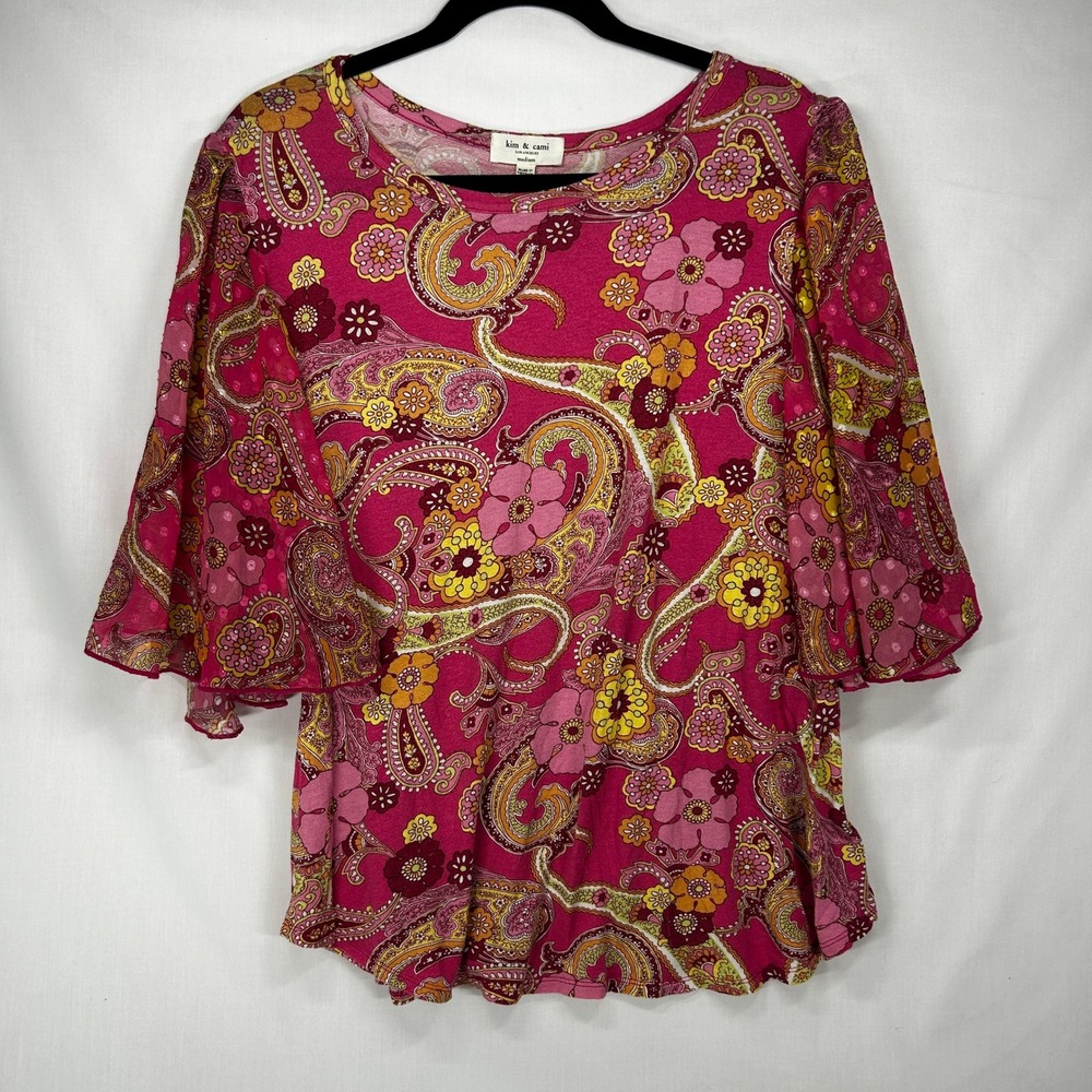 Vintage Y2K Kim & Cami Pink Paisley Floral Chiffon Bell Sleeve Top M